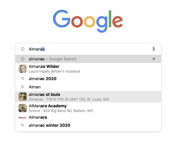 Predictive google search results displaying a search for Almanac
